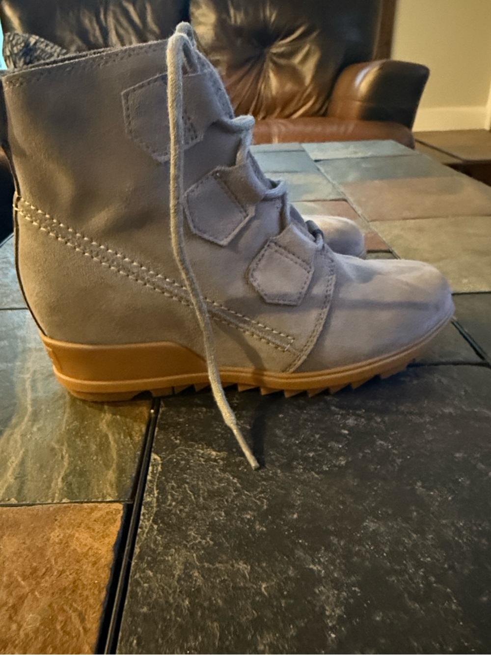 New Without Box! Sorel Evie Lace Up Suede Wedge Boot Grey 7.5